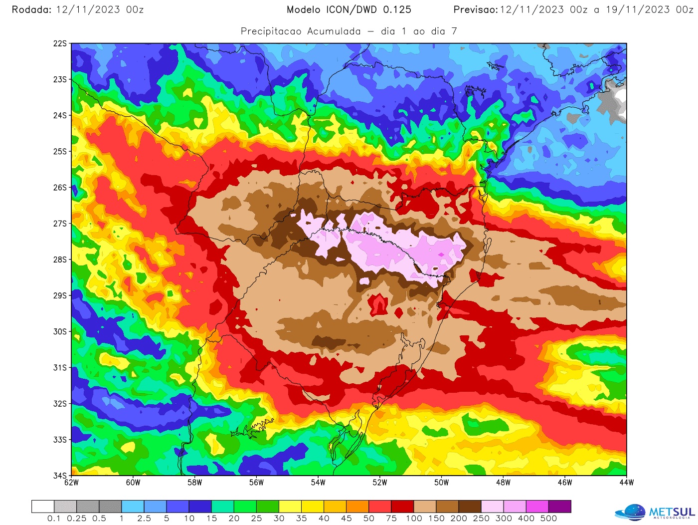 Semana terá chuva excessiva a extrema enchentes no Sul do Brasil