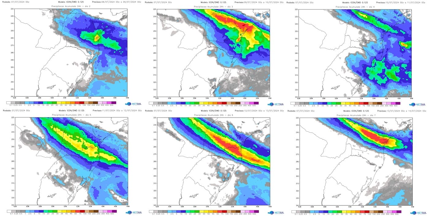 Projeção de chuva do modelo Icon para segunda, terça, quarta, quinta, sexta e sábado no Sul do Brasil com instabilidade frequente no Nordeste gaúcho, Santa Catarina e o Paraná 