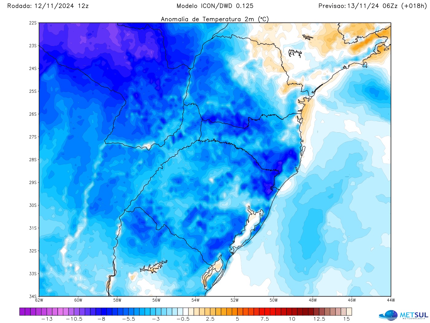 Mapa de frio no Sul do Brasil 