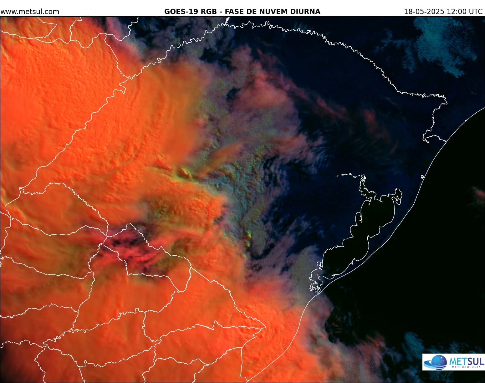 Imagem de satélite do GOES-19 das 9h deste domingo mostra a frente fria ingressando a partir do Oeste do Rio Grande do Sul Imagem de satélite do GOES-19 das 9h deste domingo mostra a frente fria ingressando a partir do Oeste do Rio Grande do Sul