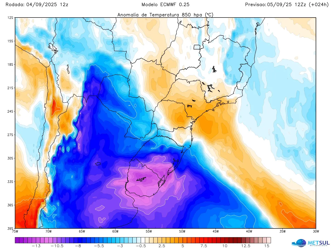 Mapa de anomalia de temperatura no nível de 850 hPa na manhã desta sexta-feira pelo modelo europeu Mapa de anomalia de temperatura no nível de 850 hPa na manhã desta sexta-feira pelo modelo europeu